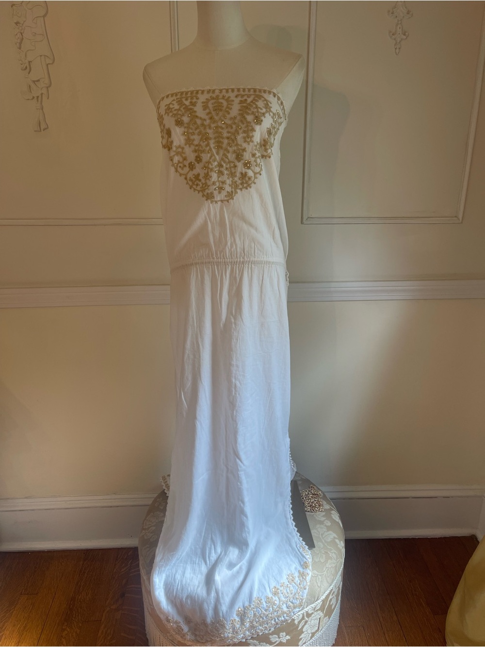 Cynthia Rowley White Strapless Maxi Dress with Gold Beadwork